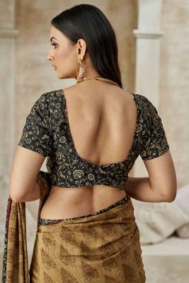 Mustard printed crepe silk saree with unstitched blouse piece 5