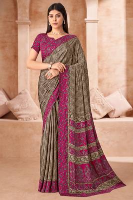Taupe grey printed crepe silk saree with unstitched blouse piece 1