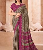 Taupe grey printed crepe silk saree with unstitched blouse piece