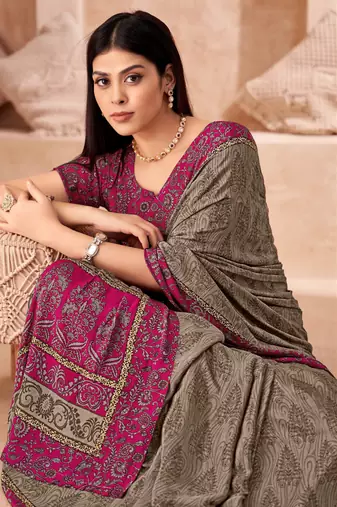 Taupe grey printed crepe silk saree with unstitched blouse piece