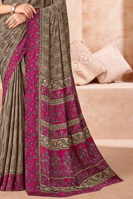 Taupe grey printed crepe silk saree with unstitched blouse piece 3