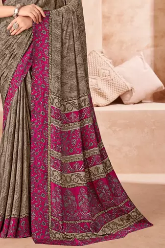 Taupe grey printed crepe silk saree with unstitched blouse piece