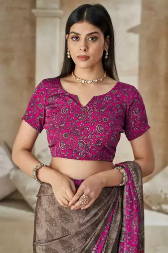 Taupe grey printed crepe silk saree with unstitched blouse piece