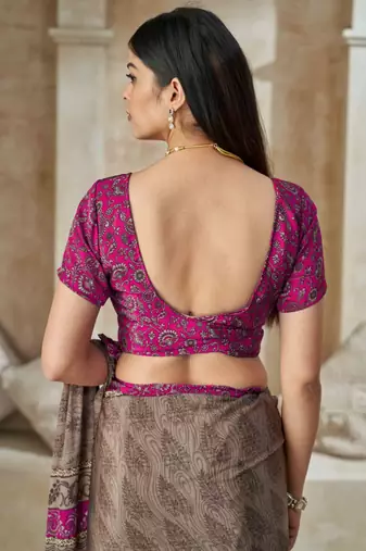 Taupe grey printed crepe silk saree with unstitched blouse piece