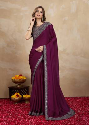 Wine Purple Satin Embroidery Border Saree with Blouse Piece 1