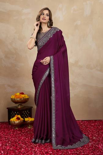Wine Purple Satin Embroidery Border Saree with Blouse Piece