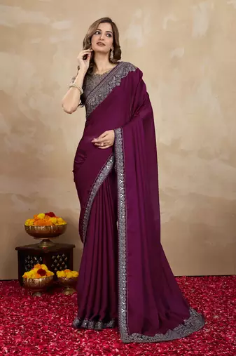 Wine Purple Satin Embroidery Border Saree with Blouse Piece