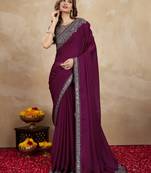 Wine Purple Satin Embroidery Border Saree with Blouse Piece