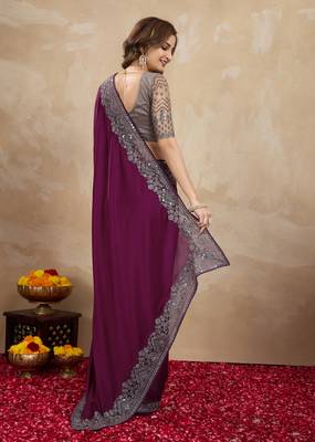Wine Purple Satin Embroidery Border Saree with Blouse Piece 2