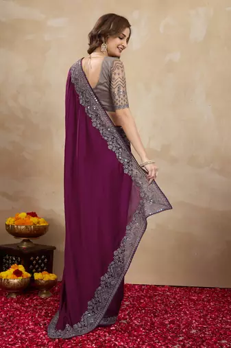 Trendmalls Wine Purple Satin Embroidery Border Saree with Blouse Piece