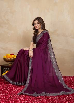 Wine Purple Satin Embroidery Border Saree with Blouse Piece 3