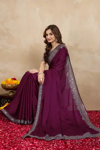 Trendmalls Wine Purple Satin Embroidery Border Saree with Blouse Piece