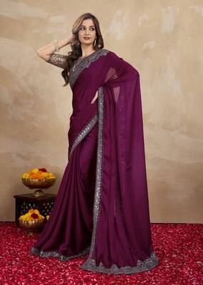 Wine Purple Satin Embroidery Border Saree with Blouse Piece 4
