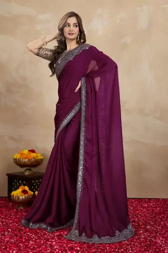 Trendmalls Wine Purple Satin Embroidery Border Saree with Blouse Piece