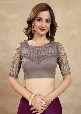 Wine Purple Satin Embroidery Border Saree with Blouse Piece 5