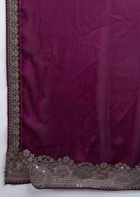 Wine Purple Satin Embroidery Border Saree with Blouse Piece 6