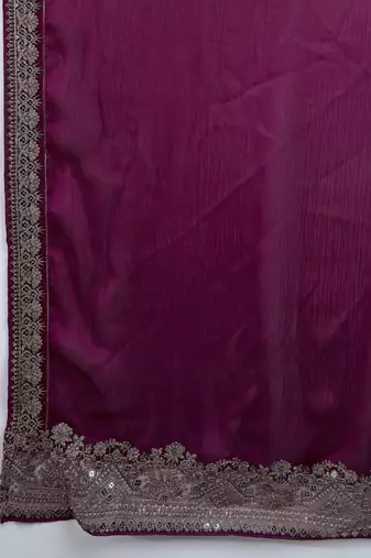 Trendmalls Wine Purple Satin Embroidery Border Saree with Blouse Piece