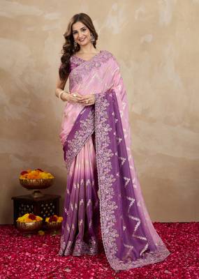 Purple Jacquard Silk Embroidery Saree with Unstitched Blouse Piece 1