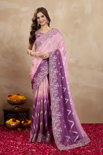 Purple Jacquard Silk Embroidery Saree with Unstitched Blouse Piece