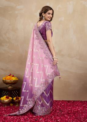 Purple Jacquard Silk Embroidery Saree with Unstitched Blouse Piece 2