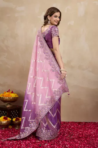 Trendmalls Purple Jacquard Silk Embroidery Saree with Unstitched Blouse Piece
