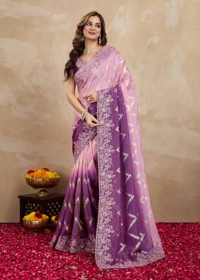 Purple Jacquard Silk Embroidery Saree with Unstitched Blouse Piece 3