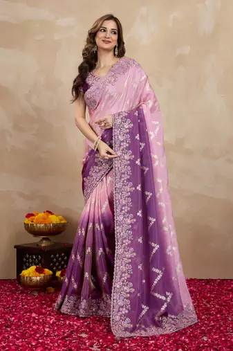 Trendmalls Purple Jacquard Silk Embroidery Saree with Unstitched Blouse Piece