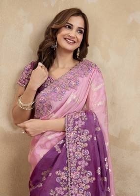 Purple Jacquard Silk Embroidery Saree with Unstitched Blouse Piece 4