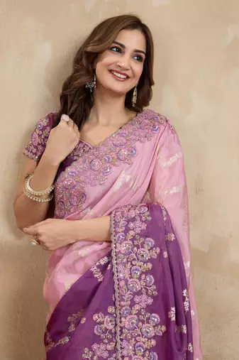 Trendmalls Purple Jacquard Silk Embroidery Saree with Unstitched Blouse Piece