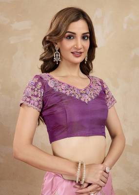 Purple Jacquard Silk Embroidery Saree with Unstitched Blouse Piece 5