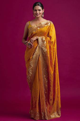 Yellow Art Silk Embroidery work Saree with Unstitched Blouse Piece