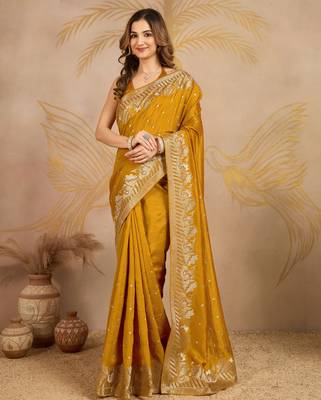 Yellow Art Silk Embroidery work Saree with Unstitched Blouse Piece 1