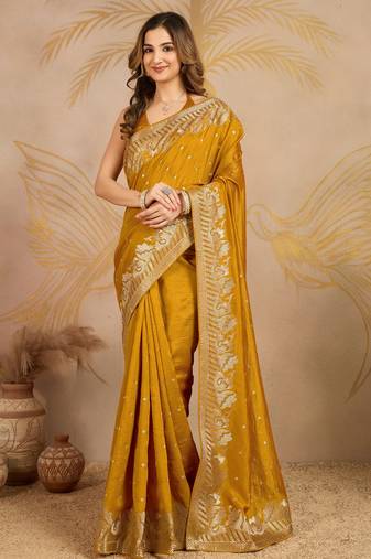 Trendmalls Yellow Art Silk Embroidery work Saree with Unstitched Blouse Piece