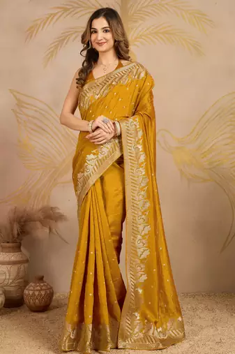 Trendmalls Yellow Art Silk Embroidery work Saree with Unstitched Blouse Piece