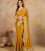 Trendmalls Yellow Art Silk Embroidery work Saree with Unstitched Blouse Piece