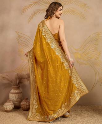 Yellow Art Silk Embroidery work Saree with Unstitched Blouse Piece 2