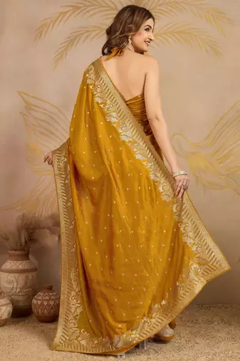 Trendmalls Trendmalls Yellow Art Silk Embroidery work Saree with Unstitched Blouse Piece
