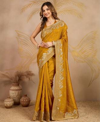 Yellow Art Silk Embroidery work Saree with Unstitched Blouse Piece 3