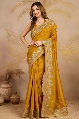 Trendmalls Trendmalls Yellow Art Silk Embroidery work Saree with Unstitched Blouse Piece