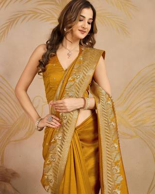 Yellow Art Silk Embroidery work Saree with Unstitched Blouse Piece 4
