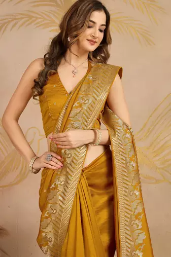 Trendmalls Trendmalls Yellow Art Silk Embroidery work Saree with Unstitched Blouse Piece