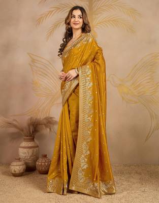 Yellow Art Silk Embroidery work Saree with Unstitched Blouse Piece 5
