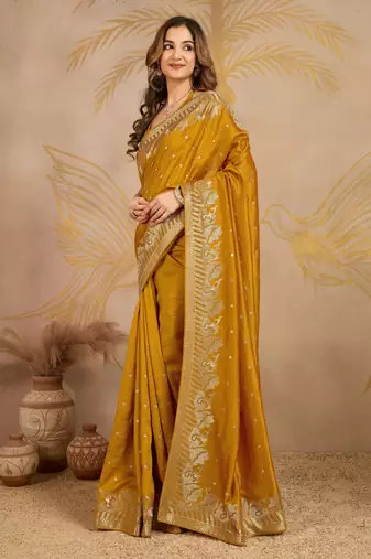 Trendmalls Trendmalls Yellow Art Silk Embroidery work Saree with Unstitched Blouse Piece