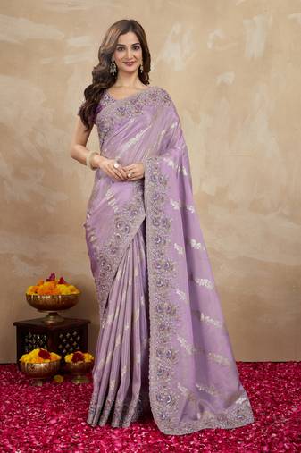 Purple Jacquard Silk blend Embroidery Saree with Unstitched Blouse