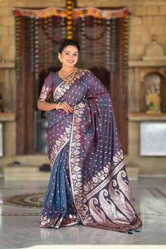 Navy Banarasi silk blend saree with zari weaving Meenakari design