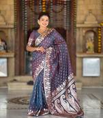 Navy Banarasi silk blend saree with zari weaving Meenakari design
