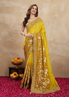 Yellow Jacquard Silk Embroidery Saree with Unstitched Blouse 1