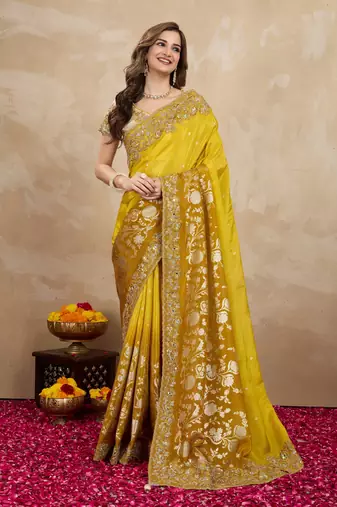 Yellow Jacquard Silk Embroidery Saree with Unstitched Blouse
