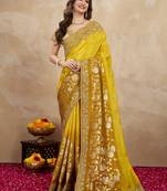Yellow Jacquard Silk Embroidery Saree with Unstitched Blouse