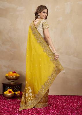 Yellow Jacquard Silk Embroidery Saree with Unstitched Blouse 2